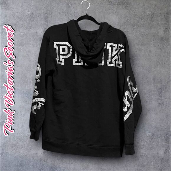 Preowned RARE PINK Victoria’s Secret Sequin Logo Hoodie - Black - Size XS - Picture 5 of 7